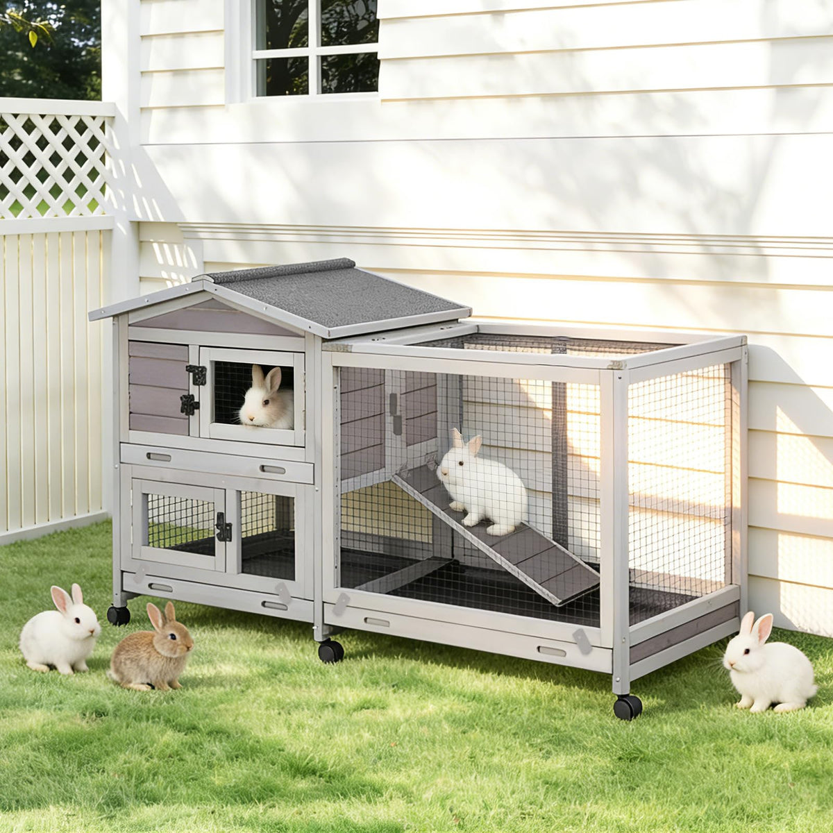 GUTINNEEN 2-Story Rabbit Hutch Indoor Bunny Cage Outdoor Guinea Pig House Wooden Small Animal Cage with Chew-Proof Ramp, Leak-Proof Tray, Lockable Wheels for 2-4 Rabbits, Guinea Pigs (Grey)