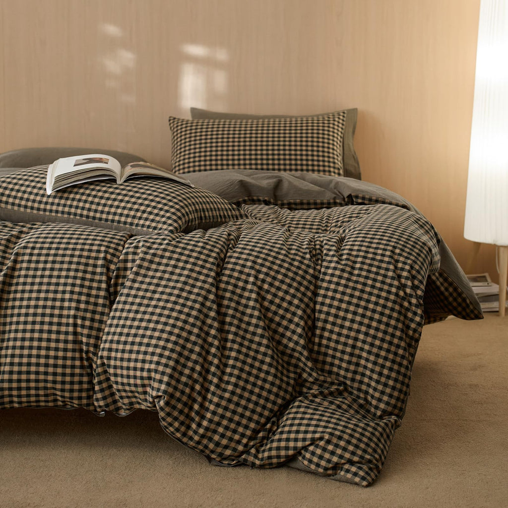 EAVD Vintage Buffalo Plaid Duvet Cover Queen Red&Black&Green Muslin Cotton
