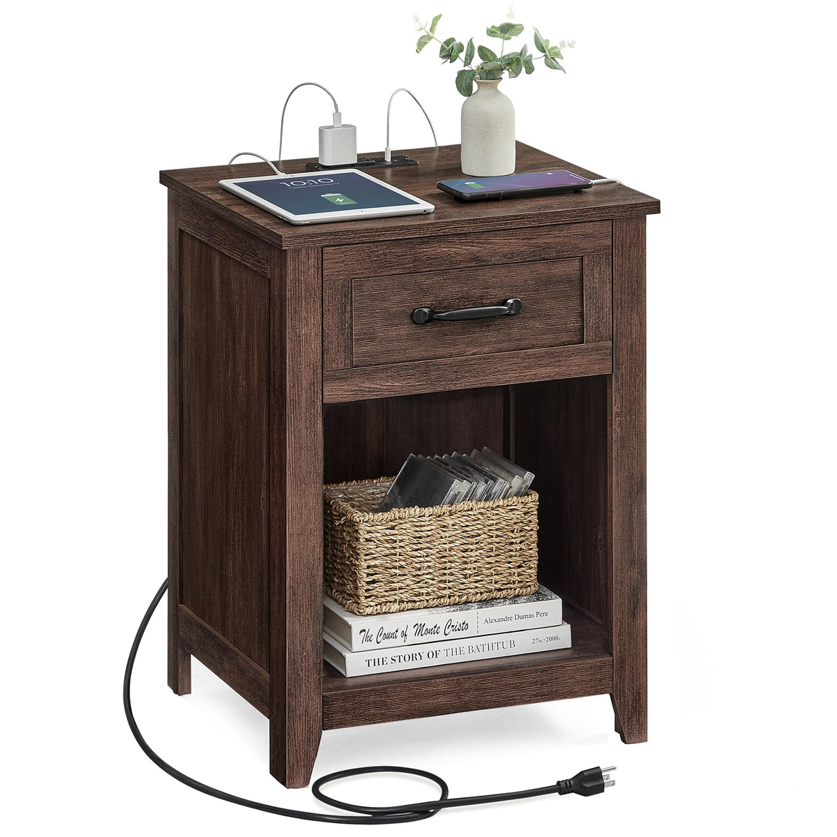 VASAGLE Farmhouse Nightstands with Charging Station, 1 Drawer, Set of 2