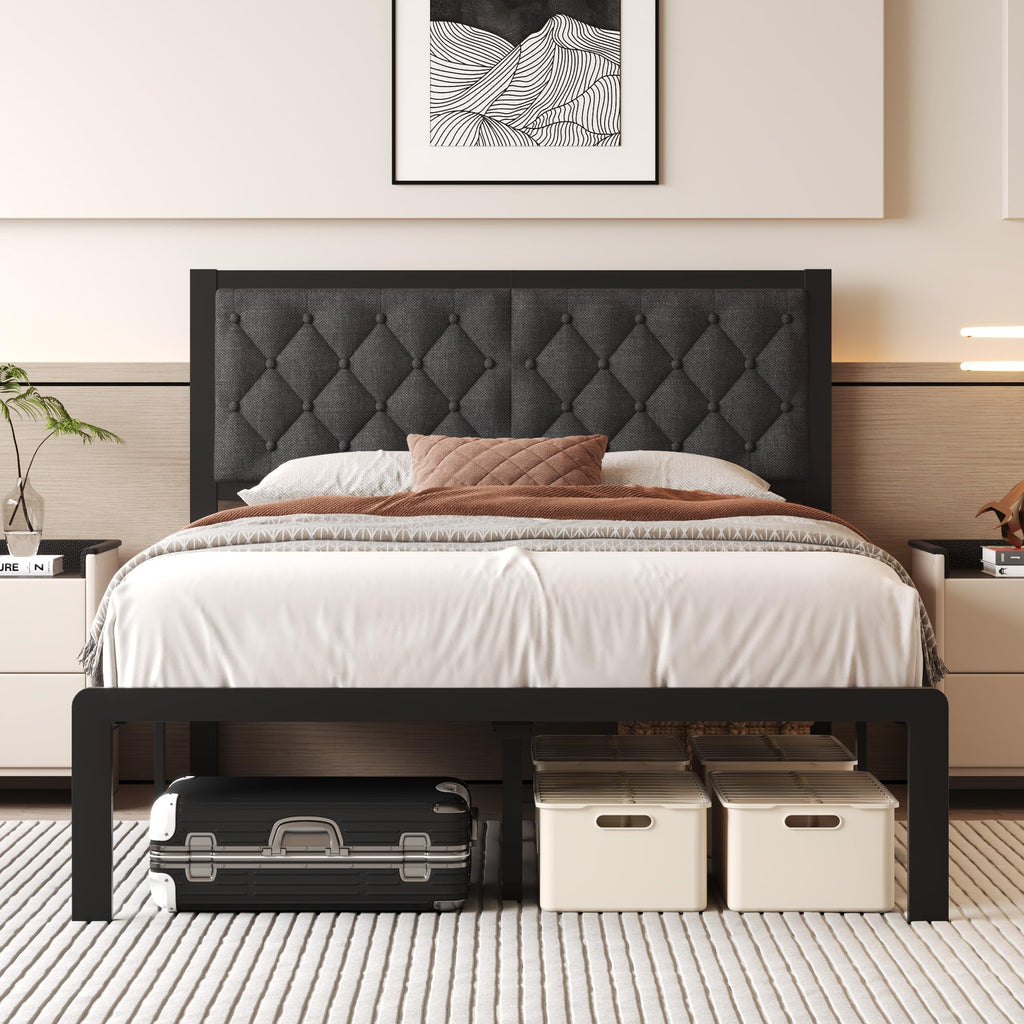 Fluest Queen Bed Frame with Headboard PU Leather Upholstered Bed Frame Platform,All Metal Slats Support Platform Bed Frame with Storage Space,Easy Assembly,Noise Free,No Box Spring Needed,Black