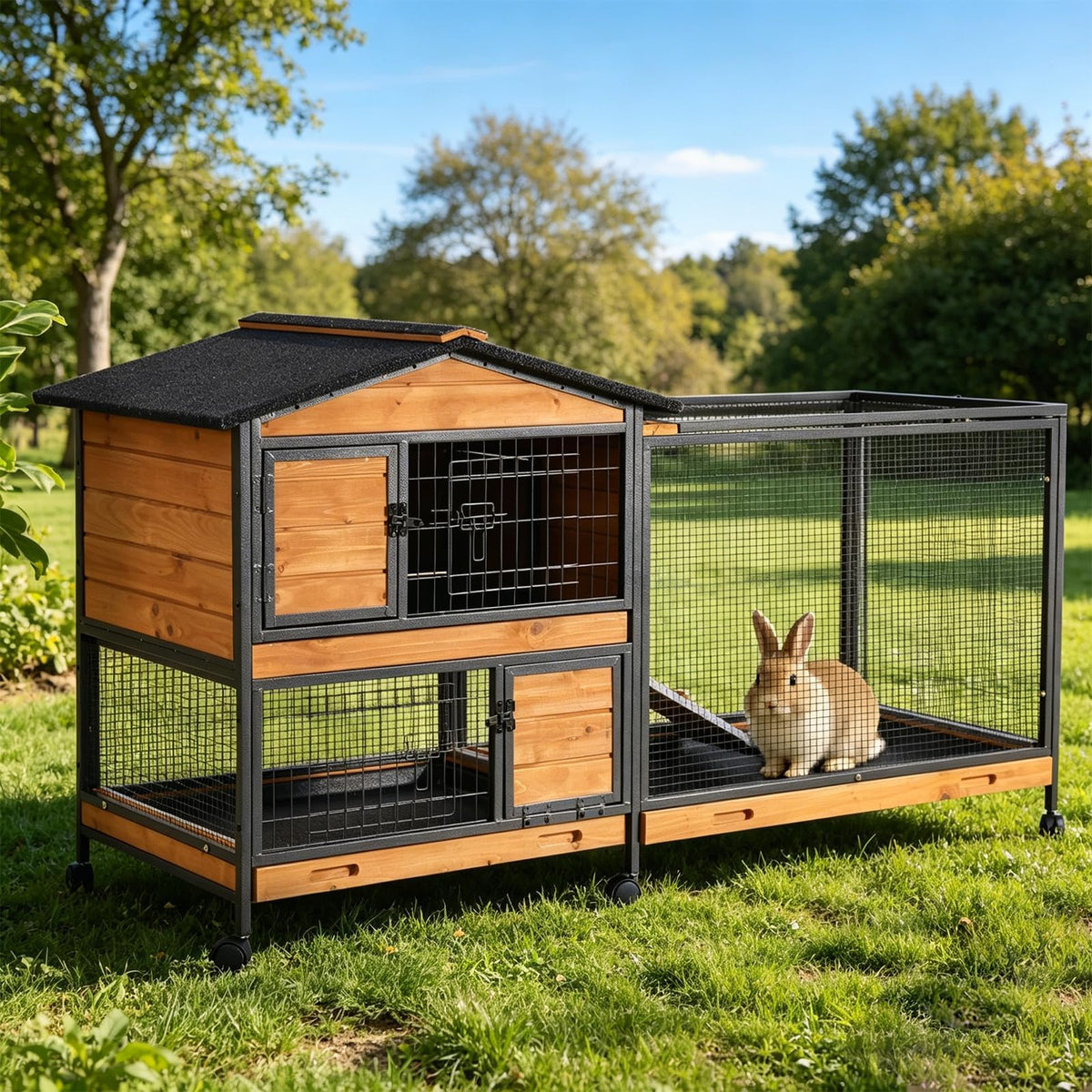 Bunny Cage Indoor and Outdoor Rabbit Hutch with Casters Waterproof Roof, Pull Out Tray from Back and Front 61.2" L x 22.6" W x 33.5" H
