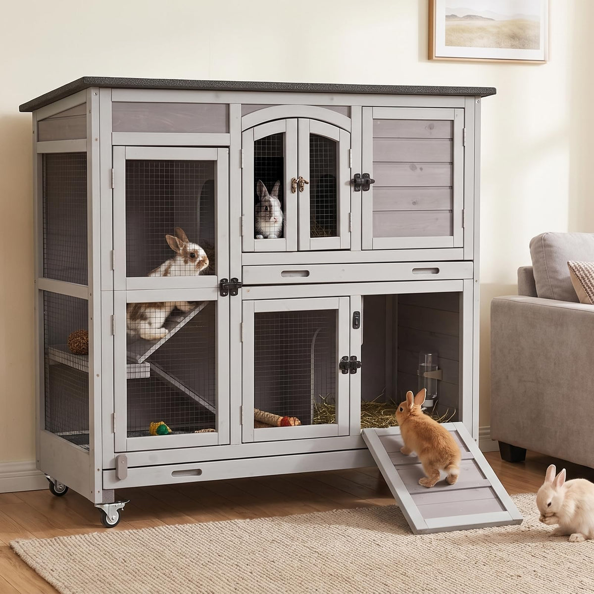 Suumerpety 2-Story Wooden Rabbit Hutch with Chew-Proof Ramp, Dual Leak-Proof Pull-Out Trays & 4 Lockable Wheels, Indoor Outdoor Bunny Cage for Rabbits & Guinea Pigs (Grey)