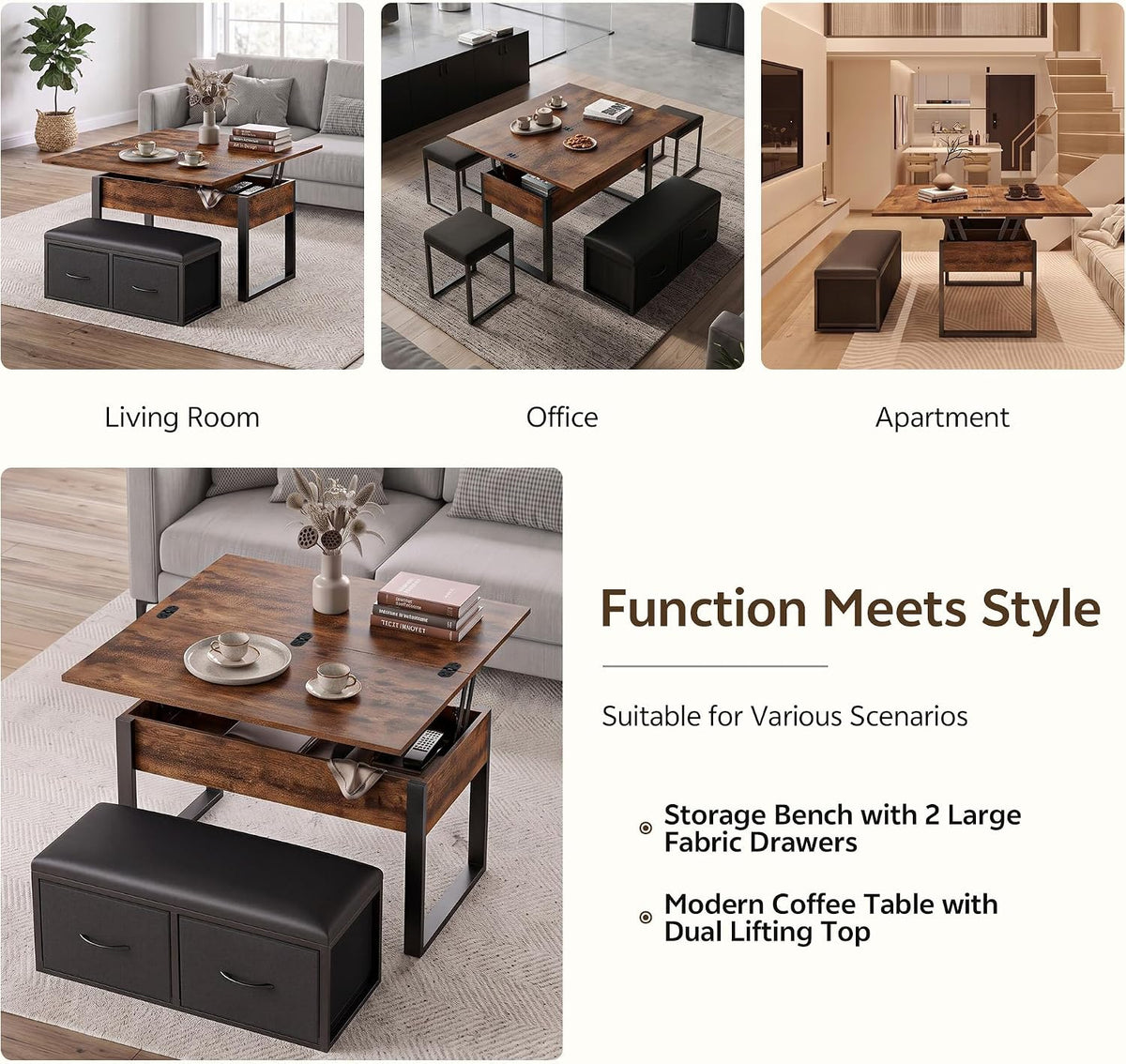 31.5'' Lift Top Coffee Table with Storage Bench, Rustic Brown