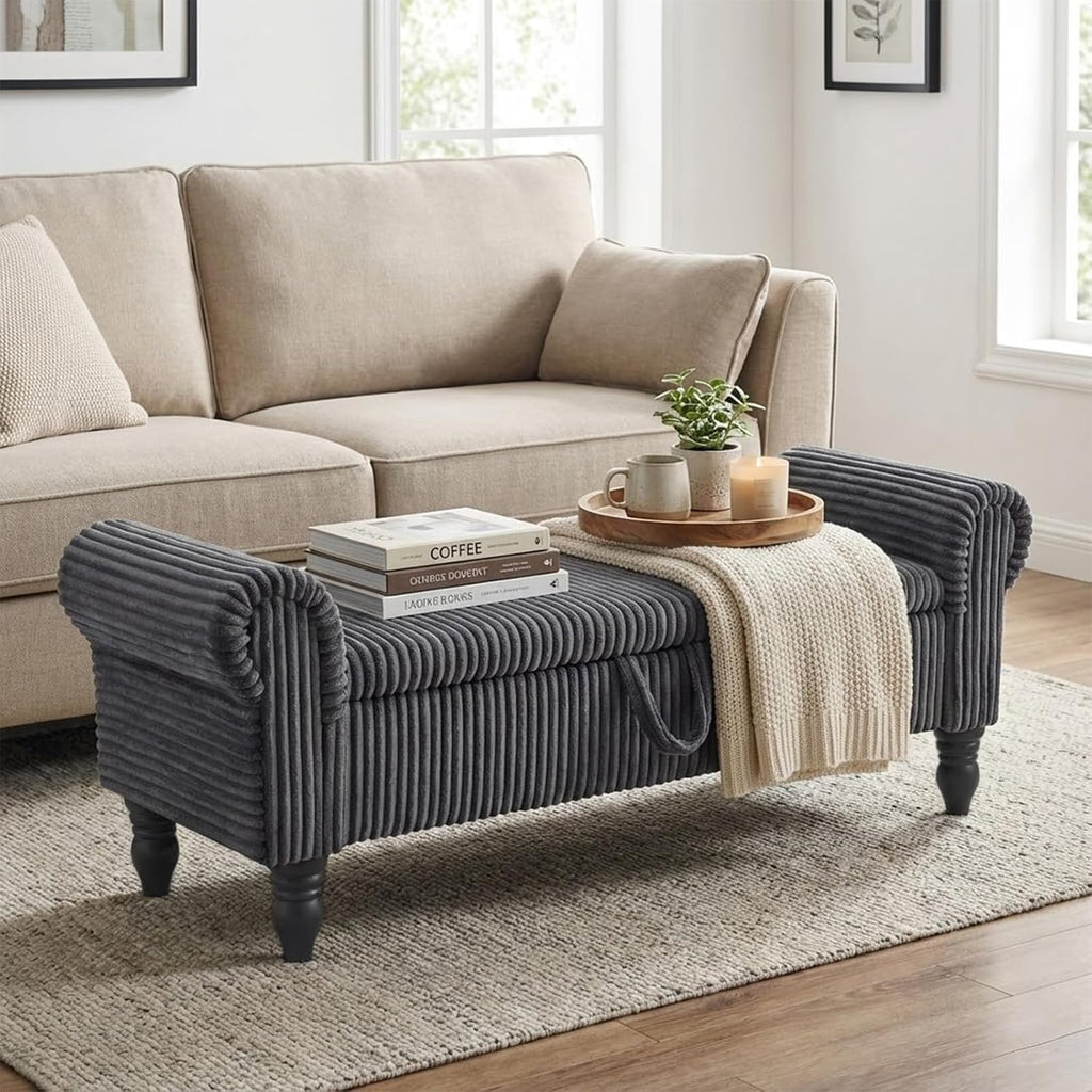 55" Corduroy Storage Ottoman Bench, Queen Bed, Grey