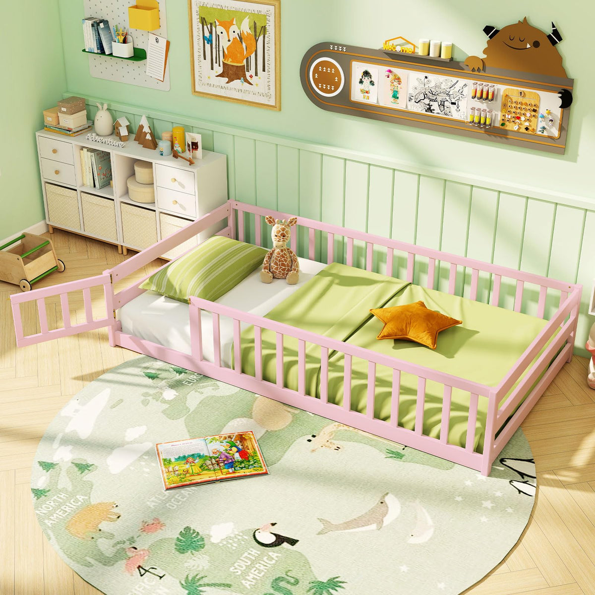 GIANTEX Full Size Floor Bed for Kids, Wooden Montessori Bed Frame with Bookcase, Storage Shelves & Safety Fence Rails, Floor Beds Full for Girls, Boys, No Box Spring Needed, Without Slats, Natural