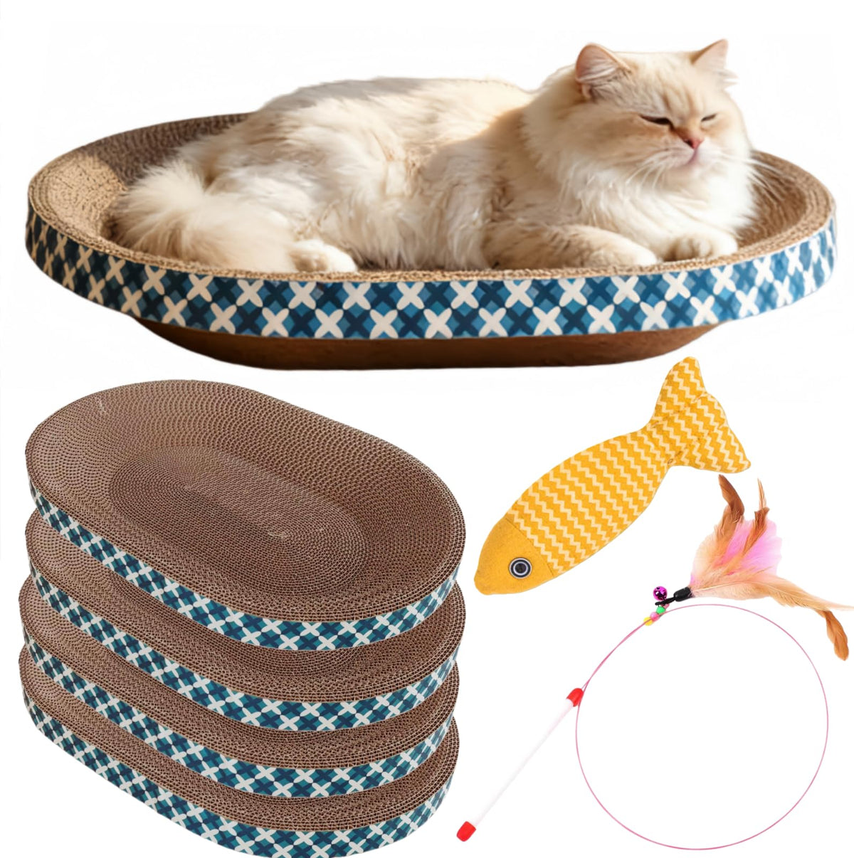 Cat Scratcher Bed with Toys, 4 Pack Oval Cat Scratcher Cardboard, Indoor Cat Scratch Bowl, Large Pad Cat Scratching Board with Catnip Fish Toy & Feather Wand for Furniture Protector