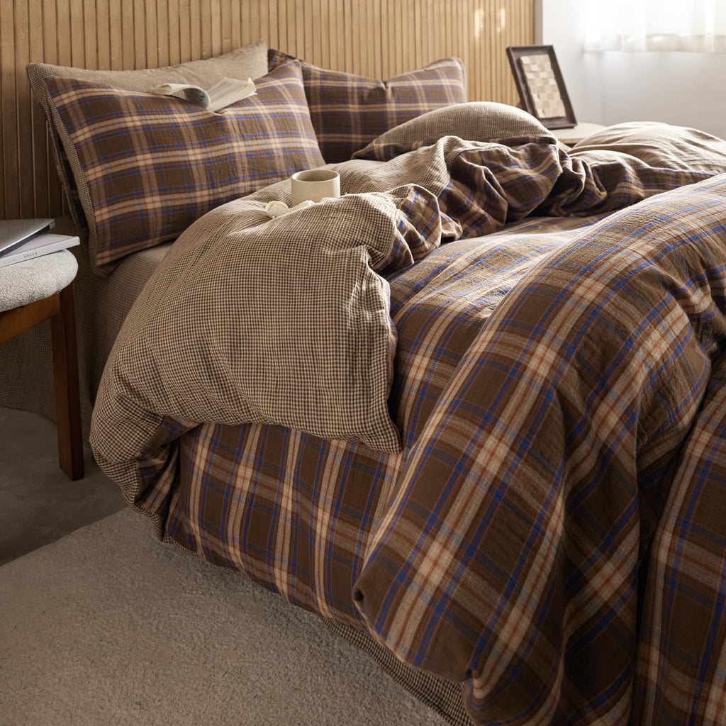EAVD Vintage Buffalo Plaid Duvet Cover Queen Red&Black&Green Muslin Cotton