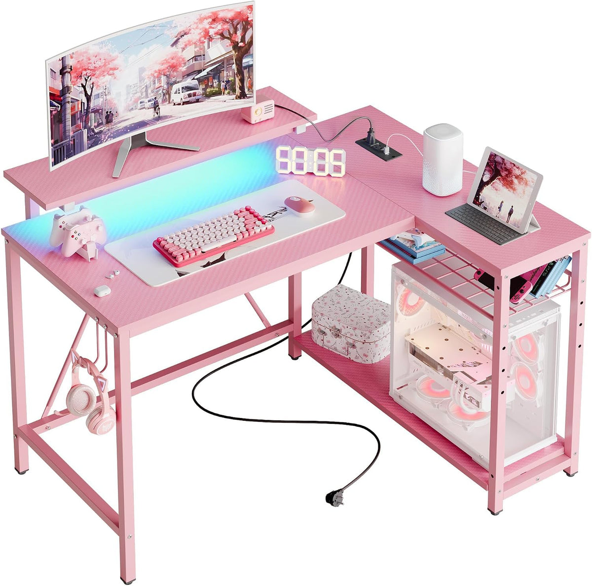 Bestier 42-Inch Pink L-Shaped Gaming Desk with Charging & LED