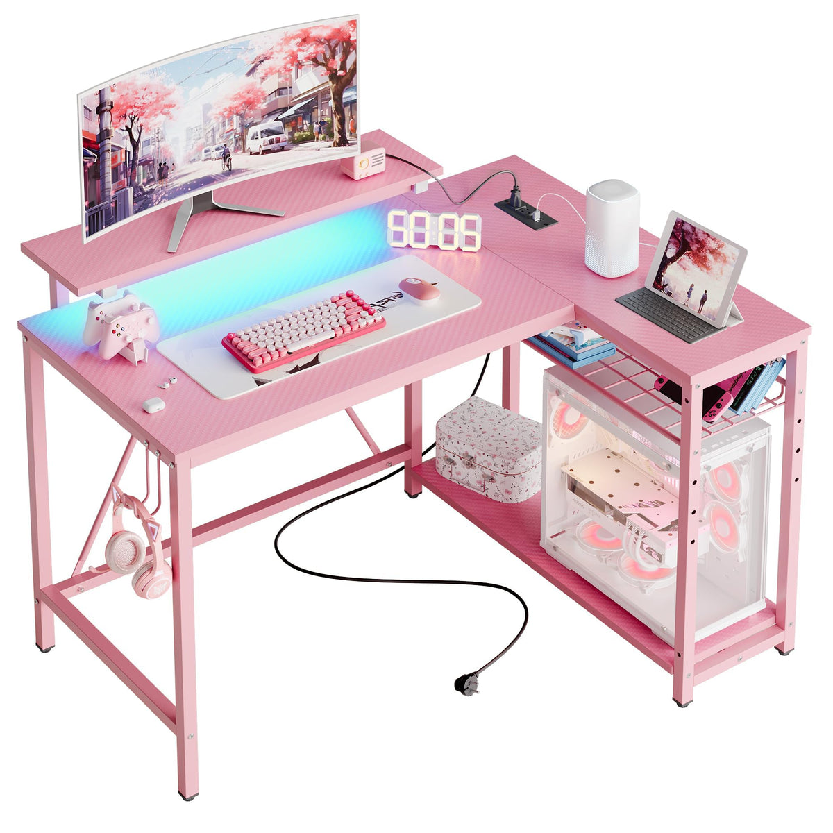 Bestier 42-Inch Pink L-Shaped Gaming Desk with Charging & LED