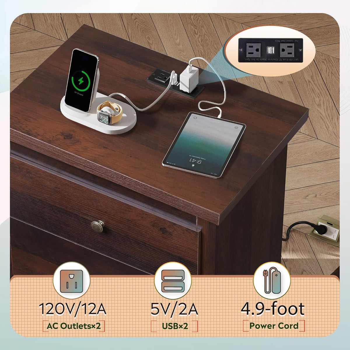 WLIVE Tall Nightstand with Charging Station, Wood Night Stand with 3 Drawers Storage, Bedside Table End Side Tables with 2 USB Ports and Outlets for Bedroom, Closet, Espresso