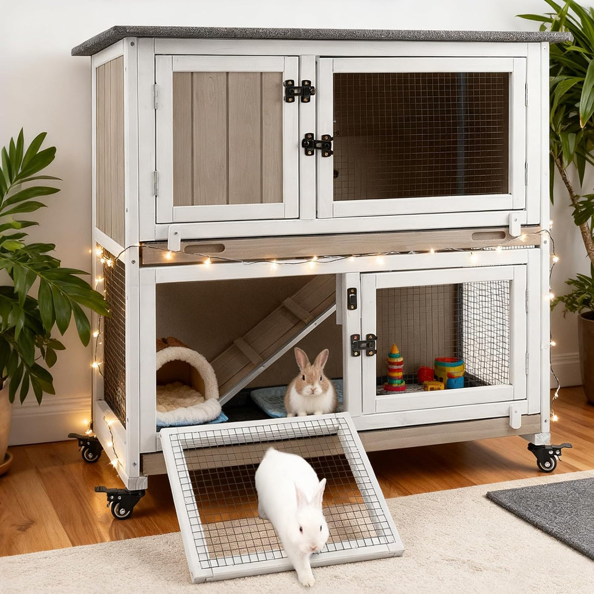Gowoodhut 36" L Rabbit Hutch, 2-Story Bunny Cage on 4 Wheels