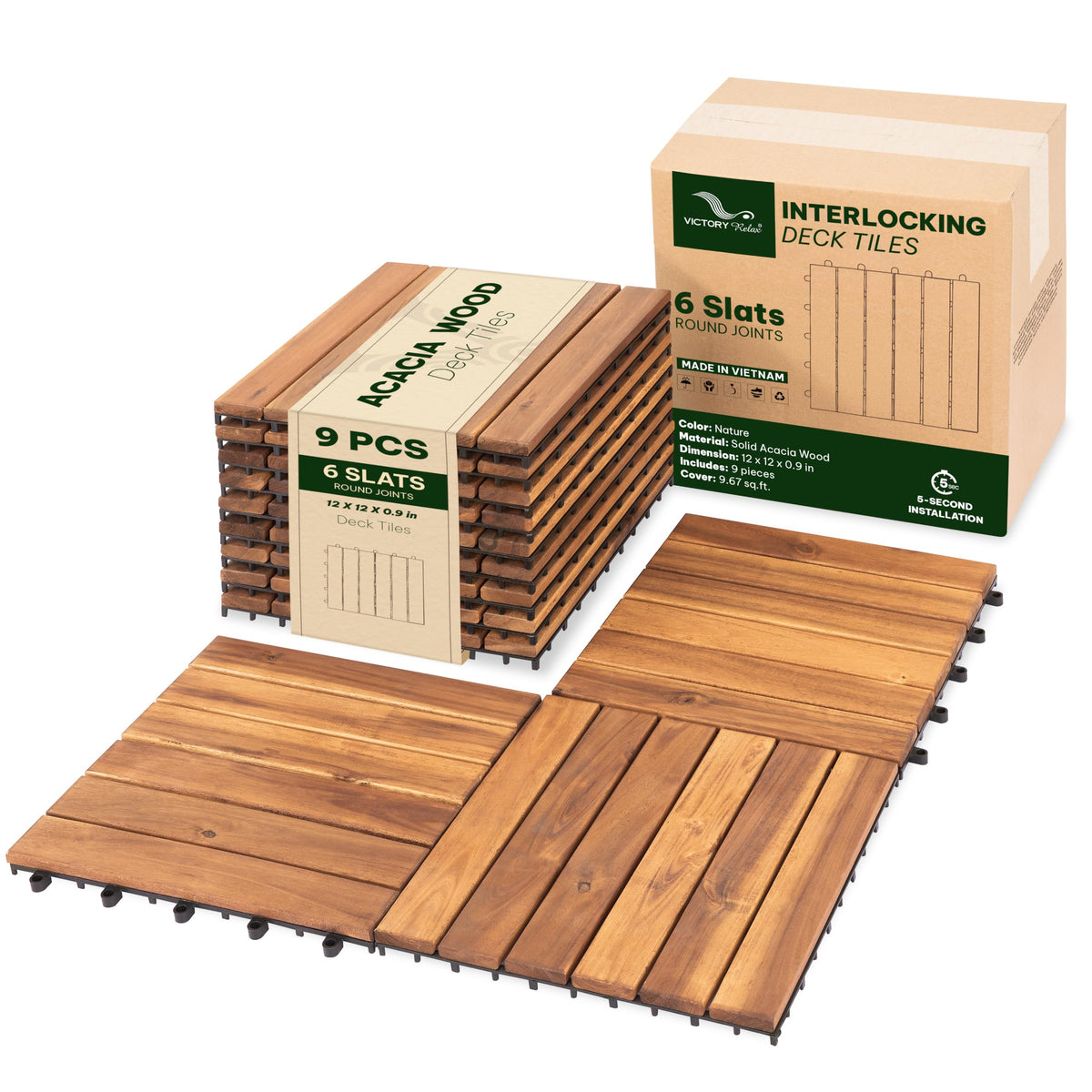 VICTORY RELAX Natural Acacia 12x12 Interlocking Wood Deck Tiles for Balcony, Garden, Patio, Poolside Decor - Waterproof Indoor & Outdoor Flooring - 12 Slats, Round Joints, Pack of 27, Natural Color