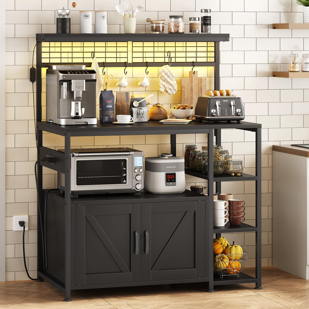 TVU Bakers Rack with Power Outlet and LED Light, Microwave Stand with Storage Cabinet, Coffee Bar Cabinet Station with 6 Hooks for Kitchen, Dining Room, Living Room, Coffee Bar, Rustic Brown, Black