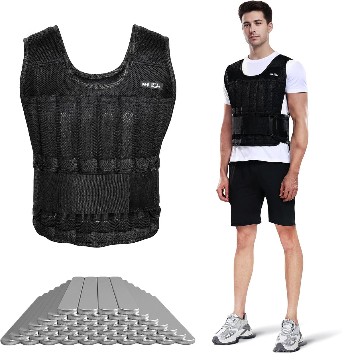 BeatBoost Weighted Vest Men 20lb/30lb/40lb/50lb/60lb Adjustable Weight Vest with Steel Plates Weight for Running Workout