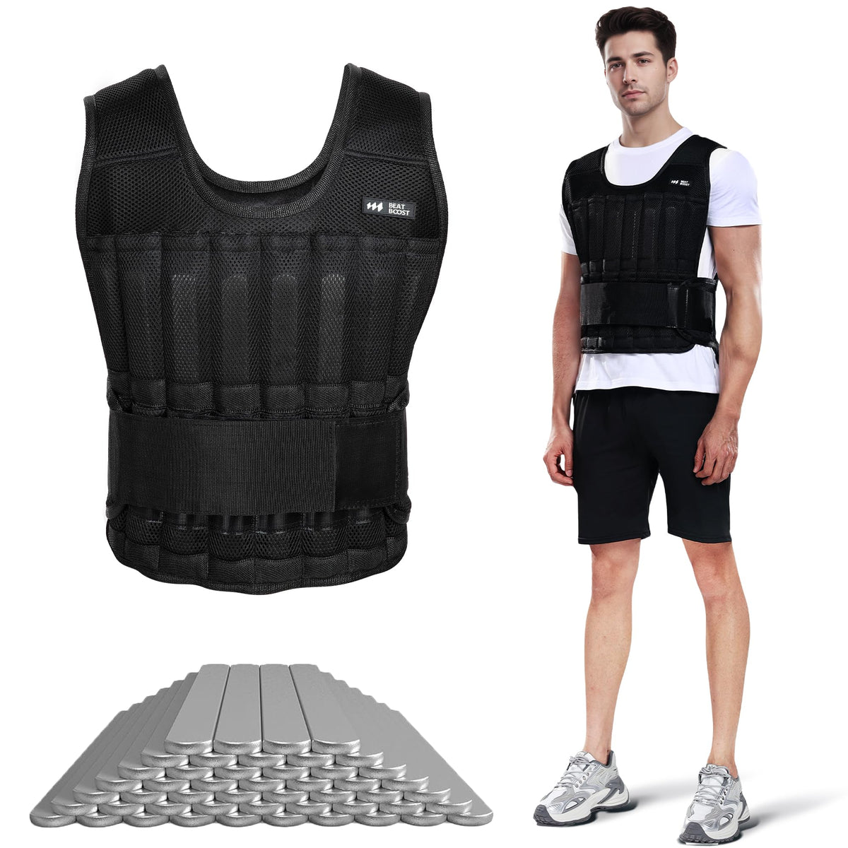 BeatBoost Weighted Vest Men 20lb/30lb/40lb/50lb/60lb Adjustable Weight Vest with Steel Plates Weight for Running Workout