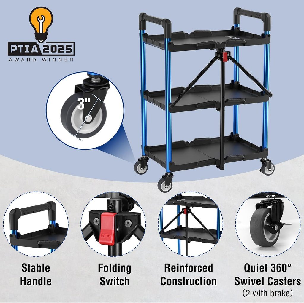 WORKPRO 3-Tier Collapsible Utility Cart, 210 LBS Cart with Wheels