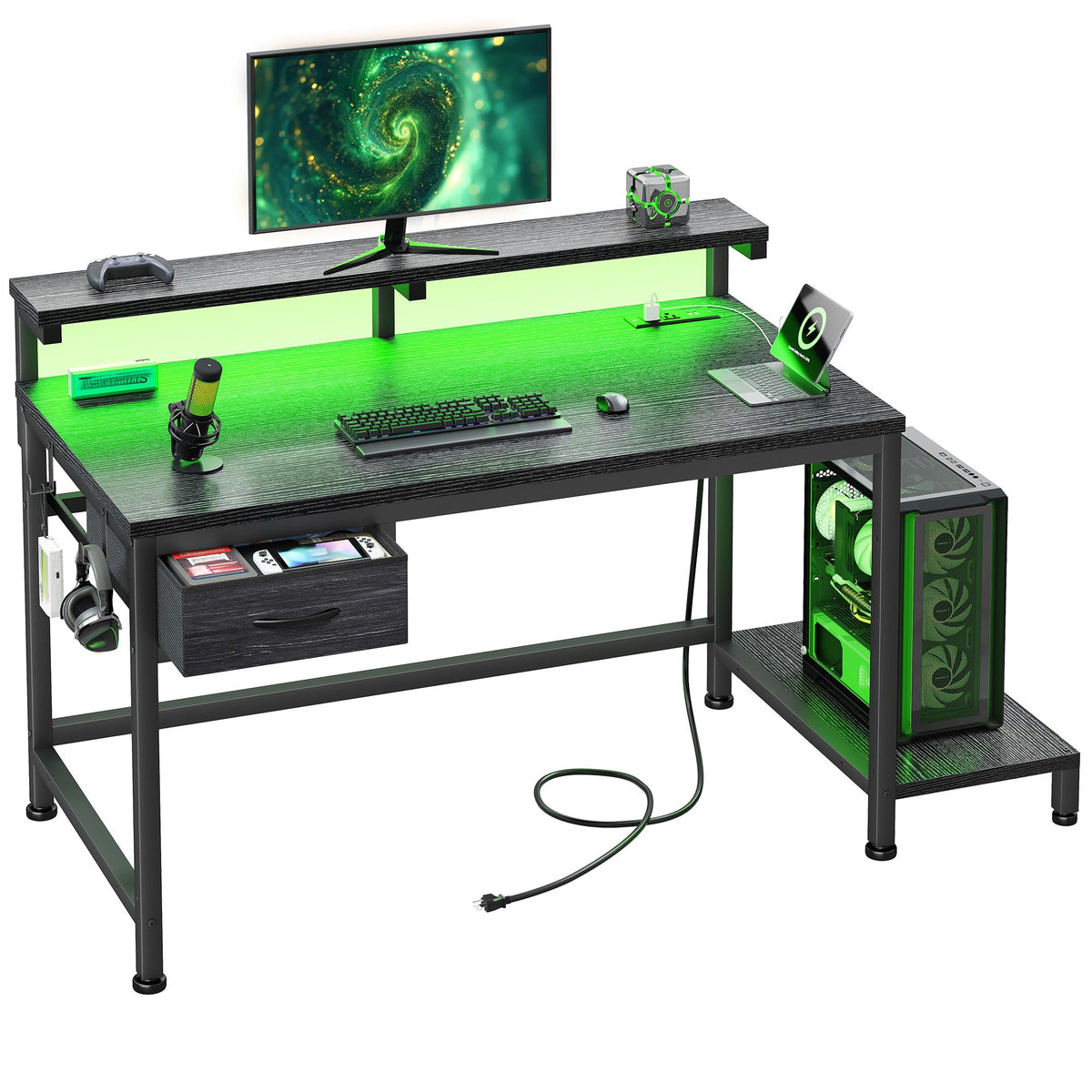 DurayLoly 47.2" Gaming Desk with Power Outlet and LED Lights,Bedroom,Black