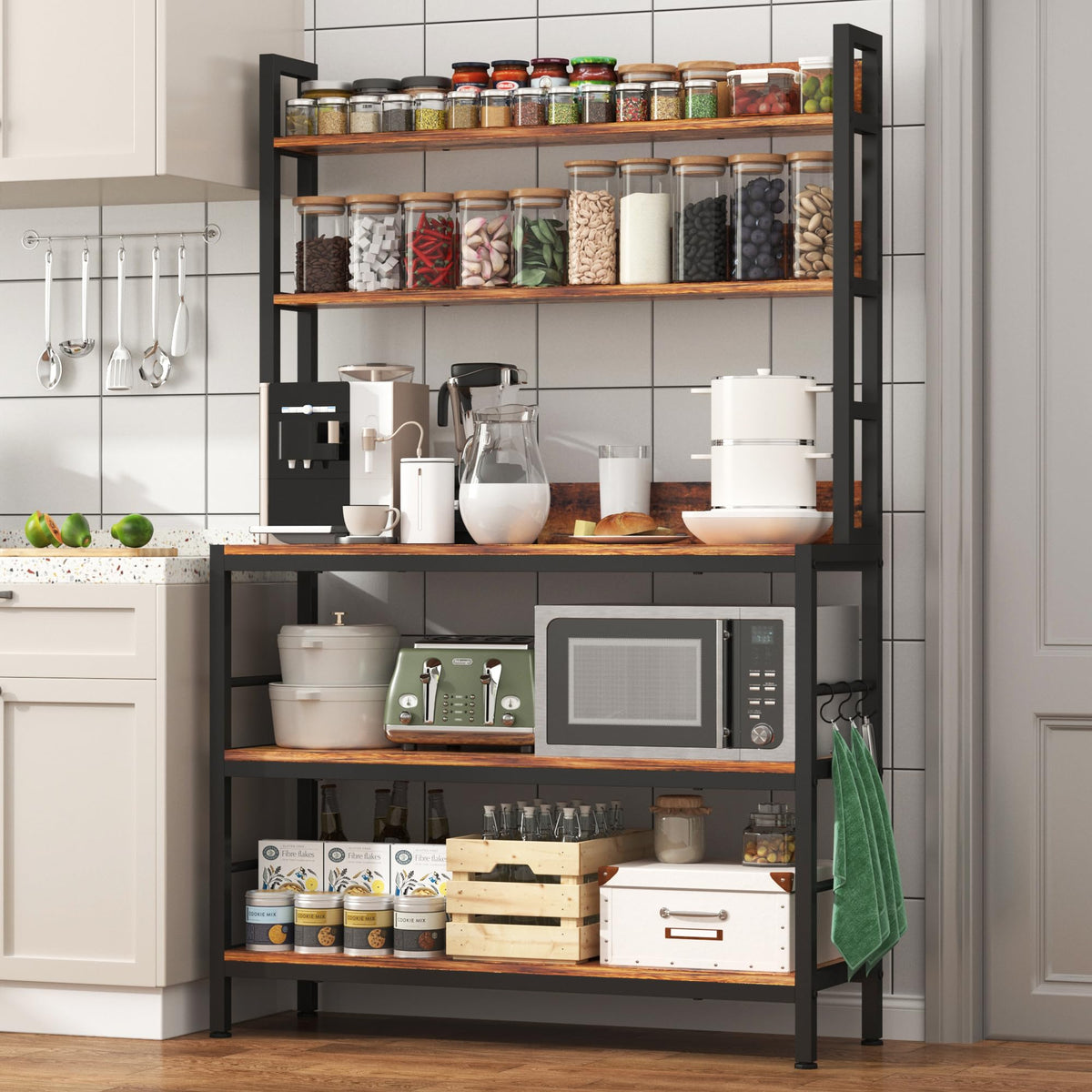 Kitchen Bakers Rack with Baskets,5-Tier Free Standing Storage Shelf Rack,Industrial Microwave Oven Stand,Metal Kitchen Rack Organizer with Hooks(Black)