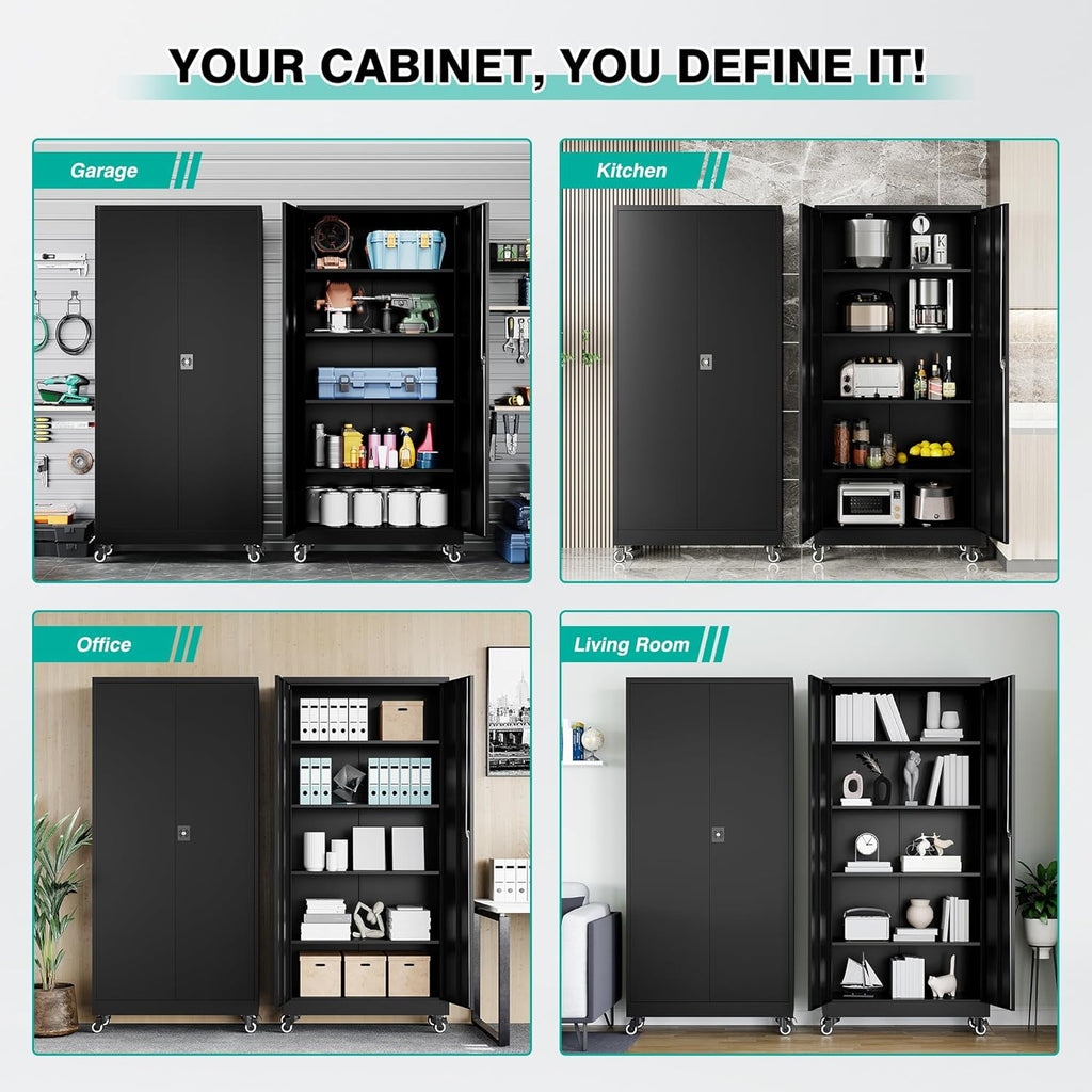 SISESOL 75" Tall Metal Storage Cabinet with Wheels,Rolling Garage Storage Cabinet with Lock,Black Metal Cabinets with Wheels and Shelves,Deep Heavy Duty Tool Locker for Garage,Home,Office,Shop