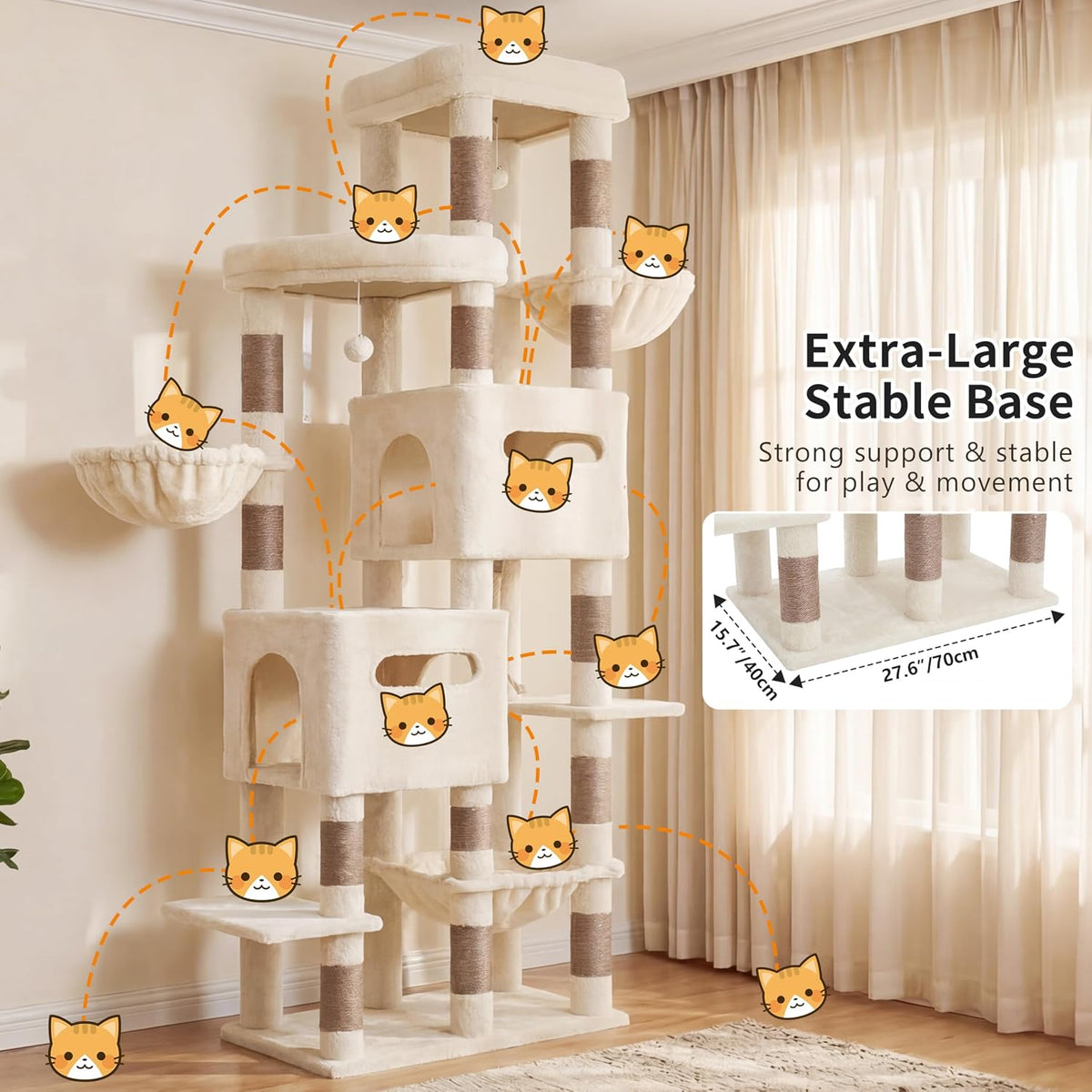 Heybly Cat Tree, 74.8'' Spacious & Tall Cat Tower for Large Cats HCT062MJ-1