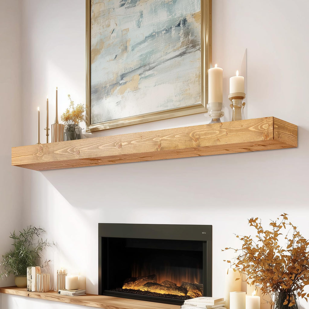 60x8x3in Rustic Fireplace Mantel Pine Wood, Weathered Brown