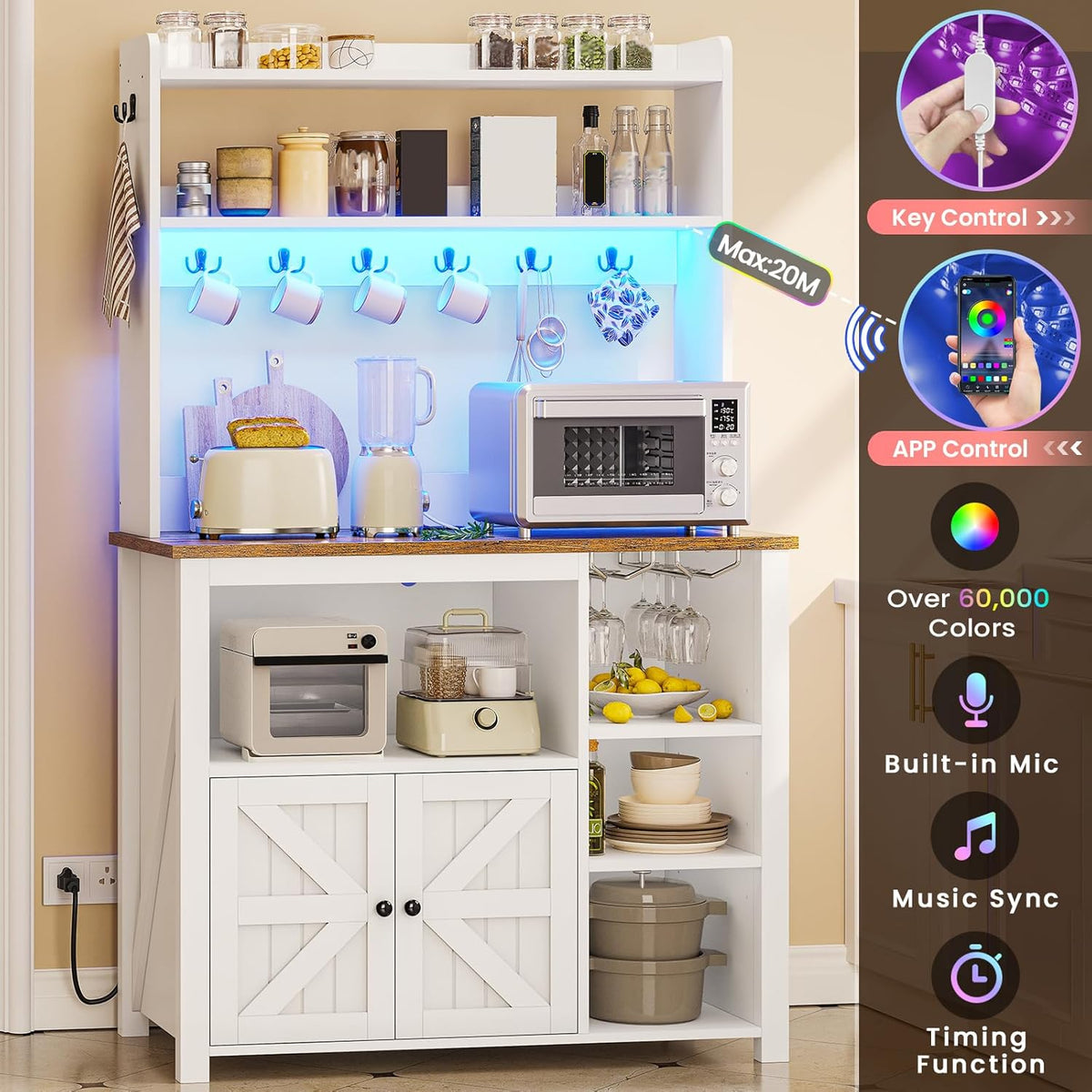Itaar 35.4 inch Bakers Rack with Power Outlet and Storage, Farmhouse Coffee Bar Cabinet, Microwave Stand Kitchen Cabinet with Hutch, LED Lights, Wine Glass Holder and 8 Hooks，White