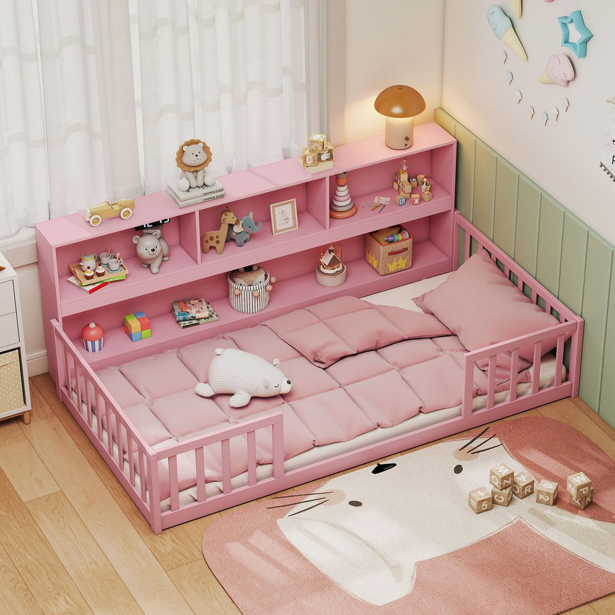 GIANTEX Full Size Floor Bed for Kids, Low Montessori Bed with Wood Slats & Safety Guardrails, Solid Wood Full Floor Beds with Fence and Door for Kids Boys Girls, White