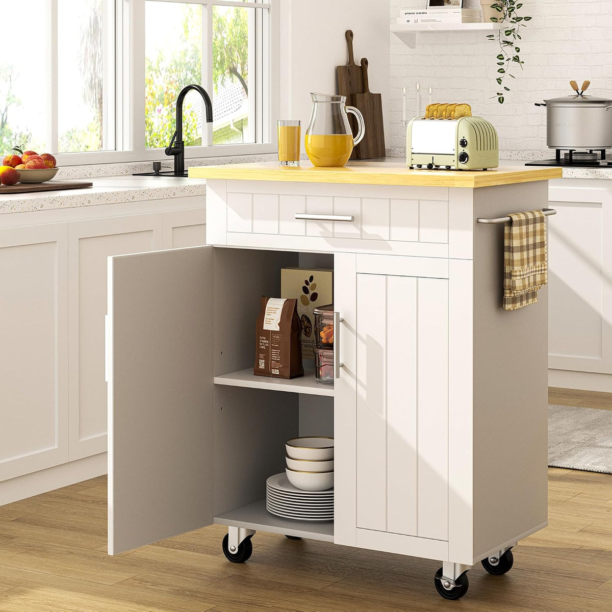 SUNLEI Kitchen Island with Storage, 26" Rolling Microwave Cart with 3 Drawers, Rubberwood Top, Lockable Wheels, Towel Rack & Open Shelves, Portable Kitchen Cart, White