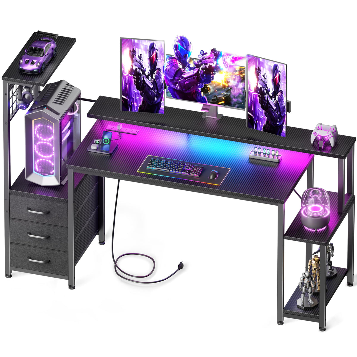 Korfile 48" Gaming Desk with Power Outlet, LED, Carbon Fiber Black Finish