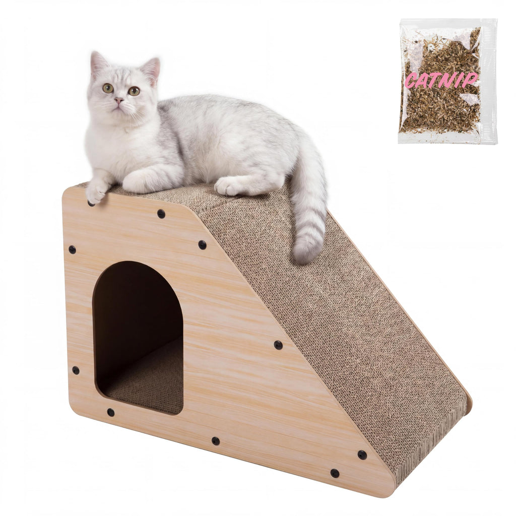 Kento 23.63" Modern Cardboard Cat Cave Scratcher with Catnip, Angled Trapezoid Hideaway House and Scratching Lounge for Indoor Cats, Heart Pattern CSR1008C