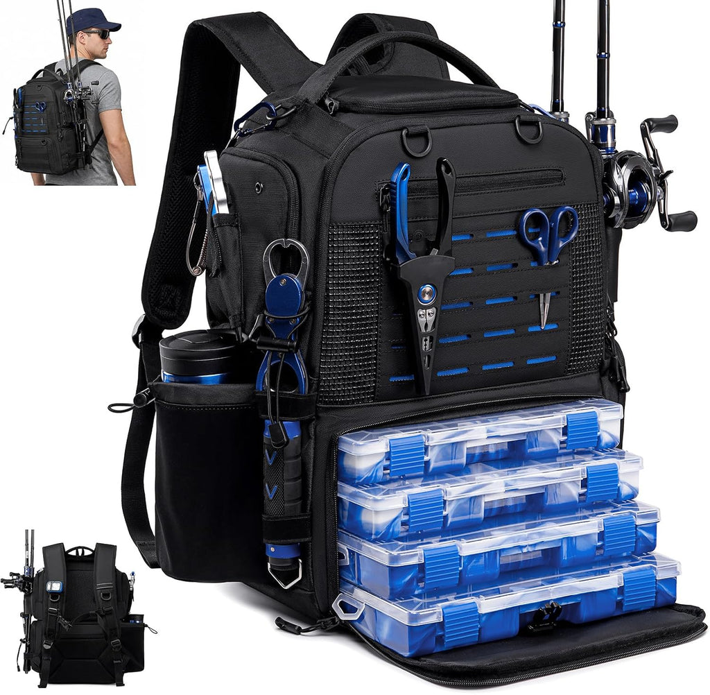 Fishing Backpack, Multi-pocket Tackle Backpack with 2 Rod Holders
