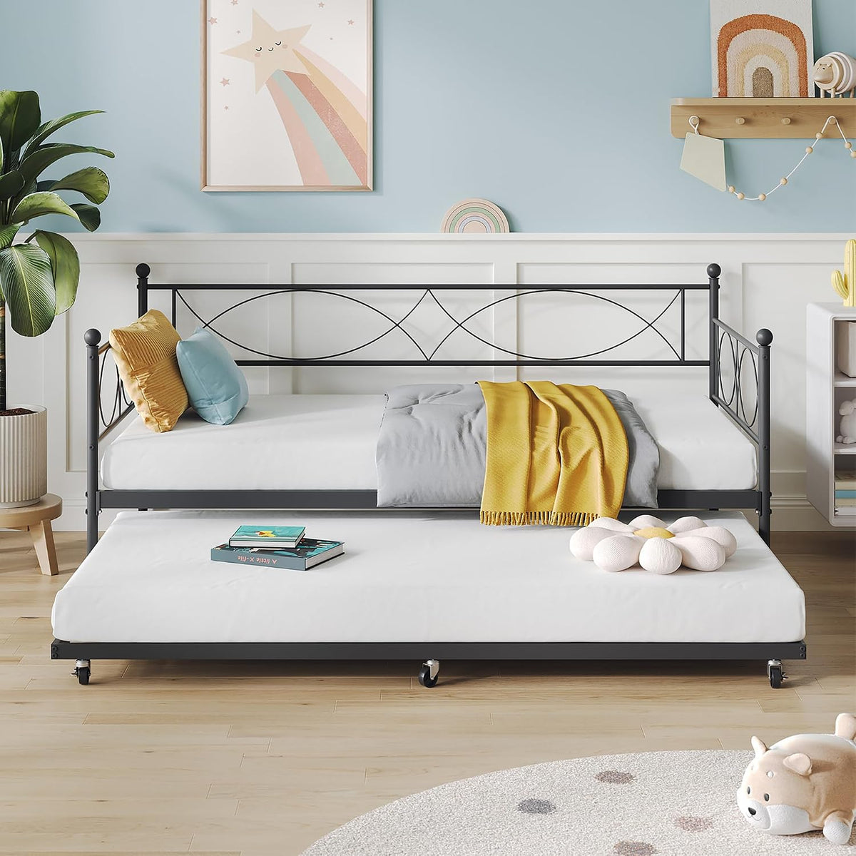 IDEALHOUSE Metal Twin daybed with Trundle with Steel Slat Support