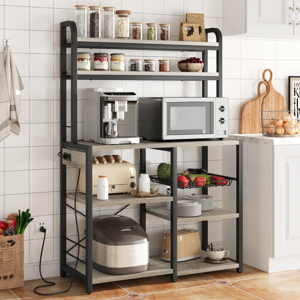 IDEALHOUSE Bakers Rack with Power Outlet, Coffee Bar with Wire Drawer, Industrial Microwave Stand, Kitchen Buffet Table with Large Storage, 6-Tier Kitchen Storage Rack with Hutch, Rustic Brown