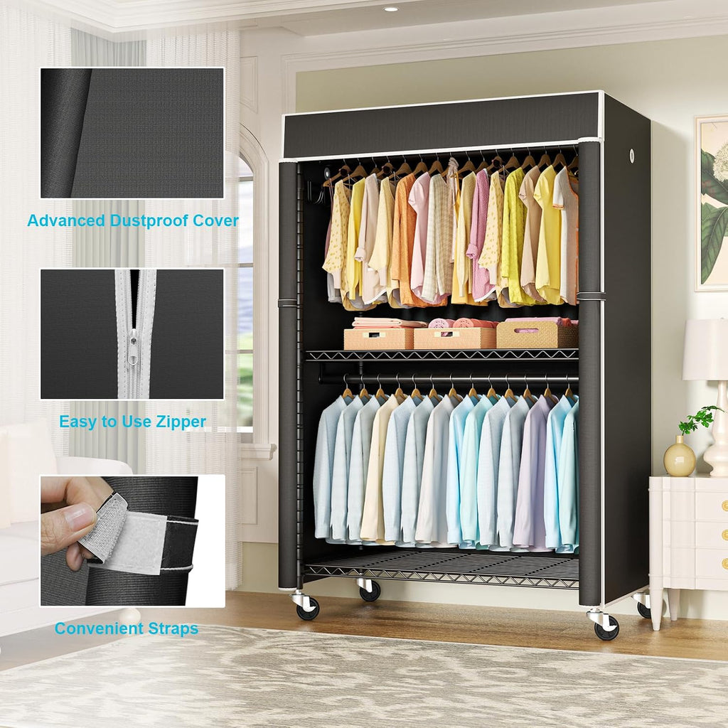 FUTASSI Black Clothing Rack with Black Cover, P1C Plus Rolling Closet