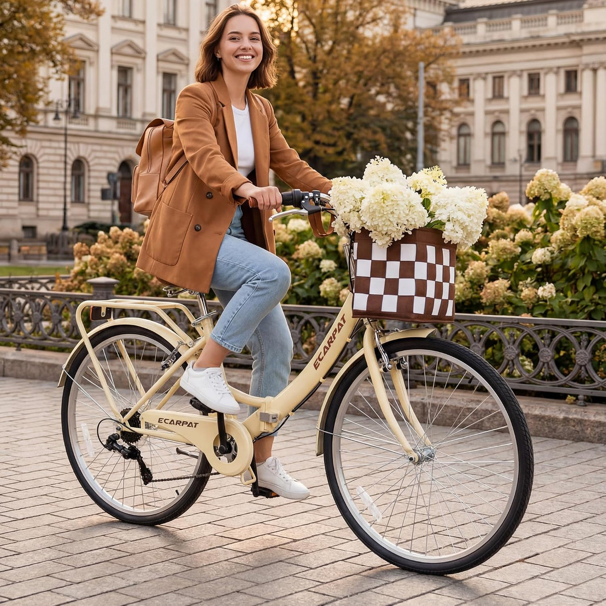 Ecarpat 26 Inch Folding Beach Cruiser Bike for Women, 7 Speed Comfortable City Bike with Rear Rack, Cup Holder and Basket, Steel Frame Commuter Foldable Bicycle with Dual V-Brakes for Adults