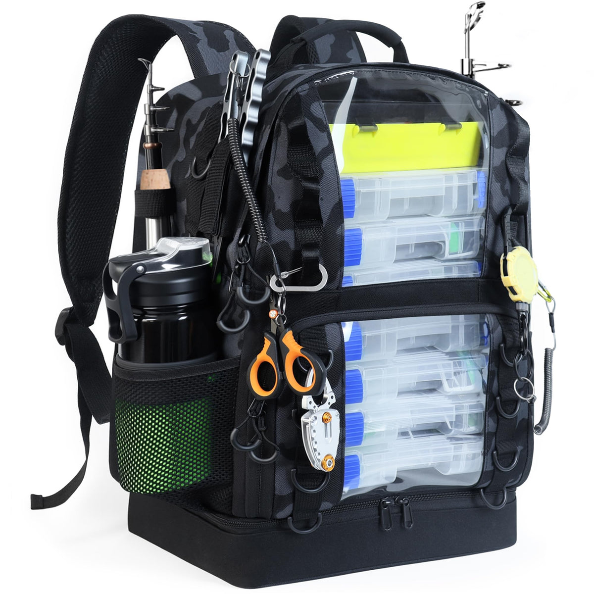 Fishing Tackle Backpack with Cooler,45L Large Tackle Bag with 2 Rod Holders & Clear Window,Outdoor Fishing Backpack for Fishing,Camping,Hiking,Black