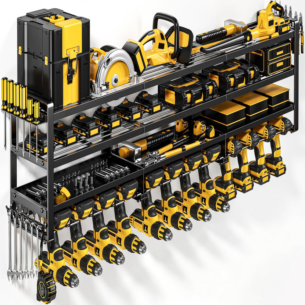 POKIPO Extra Large 64" W Power Tool Organizer Wall Mount, 1000 lbs Load Capacity, Heavy Duty 4 Tier Garage Storage Rack with 8 Drill Holders, 2 in 1 Corner or Straight Installation