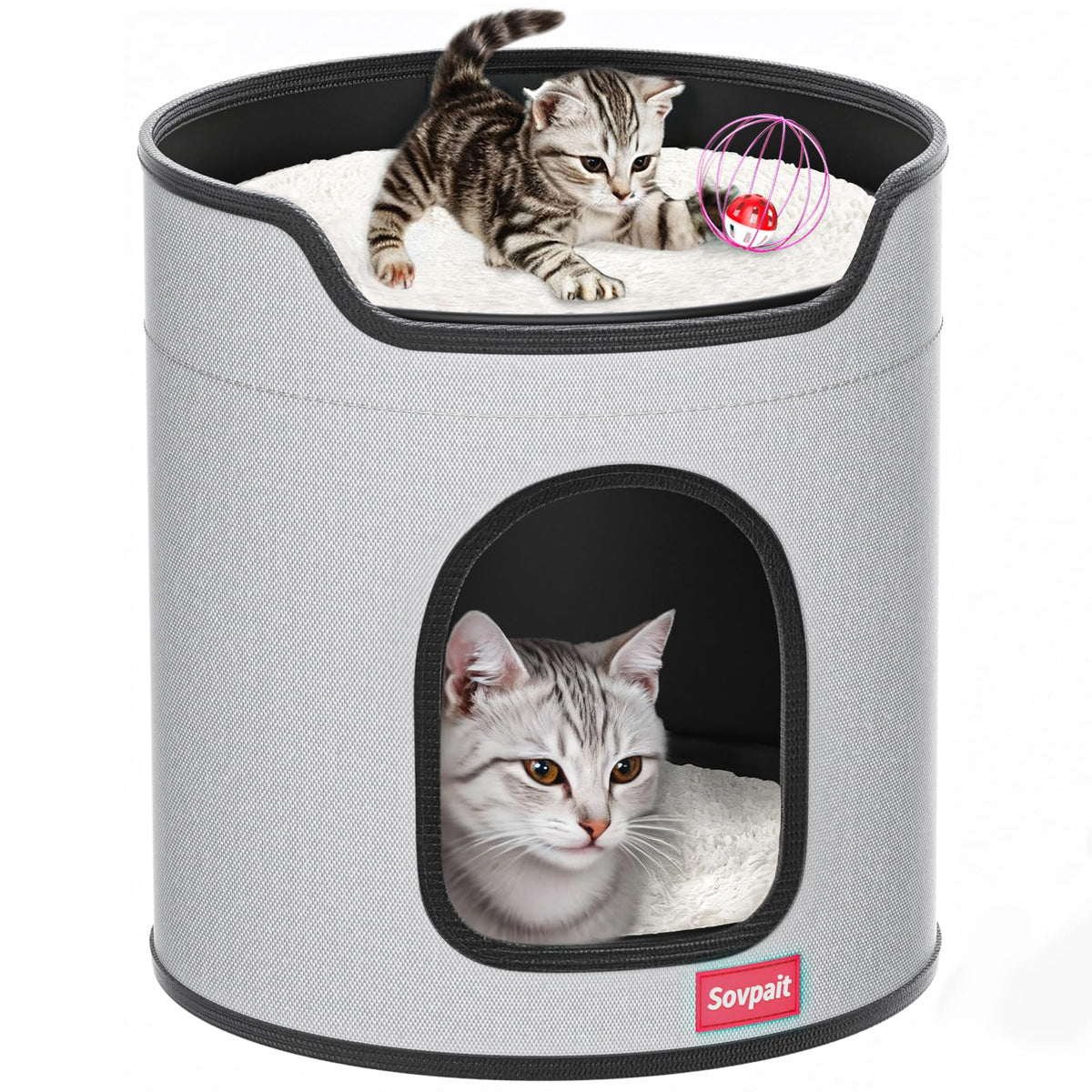 Cat House for Indoor Cats,Large Double Cat Beds Cave with Cat Scratcher Pad Toys w/Catnip,Soft Washable Cushion Cat House Shelter D15xH15in (Classy Grey Cardboard Cat Scratcher)