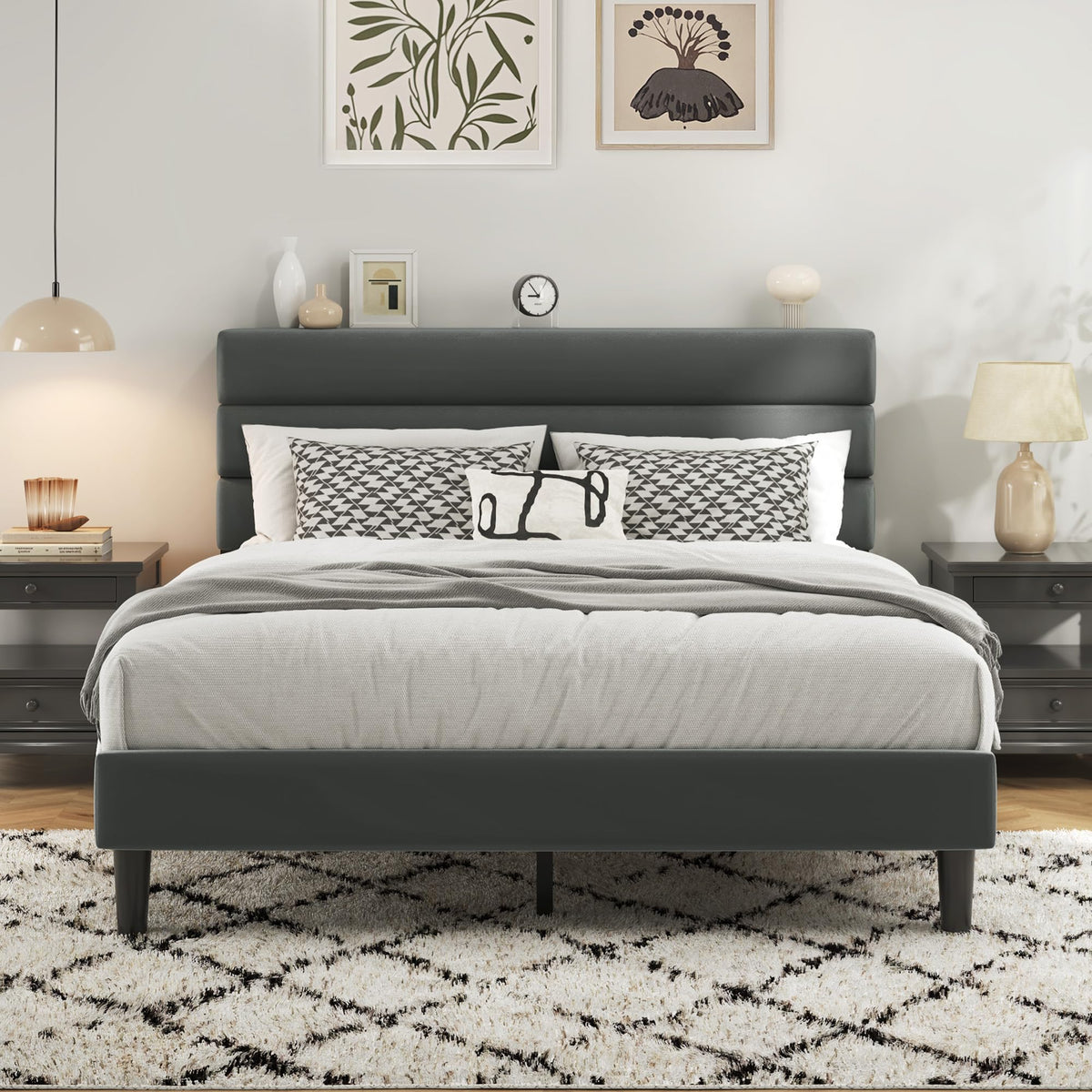 Fluest King Size Bed Frame, Platform Bed Frame with Velvet Upholstered Headboard, No Box Spring Needed, Sturdy Metal Support, Noise Free, Easy Assembly, Beige