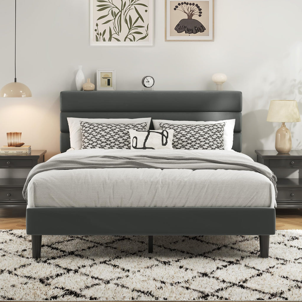 Fluest Queen Bed Frame, Platform Bed Frame with Velvet Upholstered Headboard, No Box Spring Needed, Sturdy Metal Support, Noise Free, Easy Assembly, Modern Bedroom Furniture, Beige