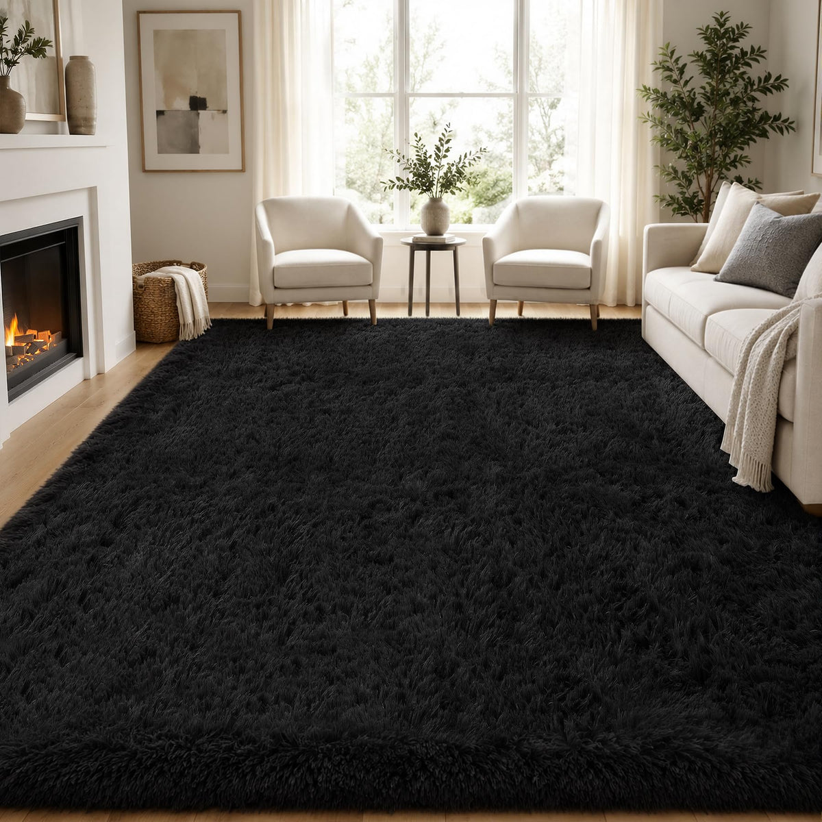 PLHXFR 9x12 Area Rugs Living Room: Fluffy Bedroom Soft Shag Rug Black Grey
