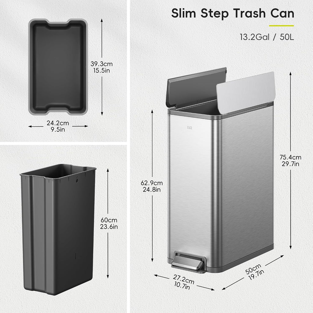 EKO X-Wing 50L / 13.2 Gallon Slim Step Trash Can, Stainless Steel Kitchen Garbage Bin with Dual Wing Lid, Soft Close, Removable Inner Bucket for Kitchen or Home