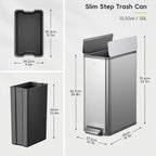 EKO X-Wing 50L / 13.2 Gallon Slim Step Trash Can, Stainless Steel Kitchen Garbage Bin with Dual Wing Lid, Soft Close, Removable Inner Bucket for Kitchen or Home