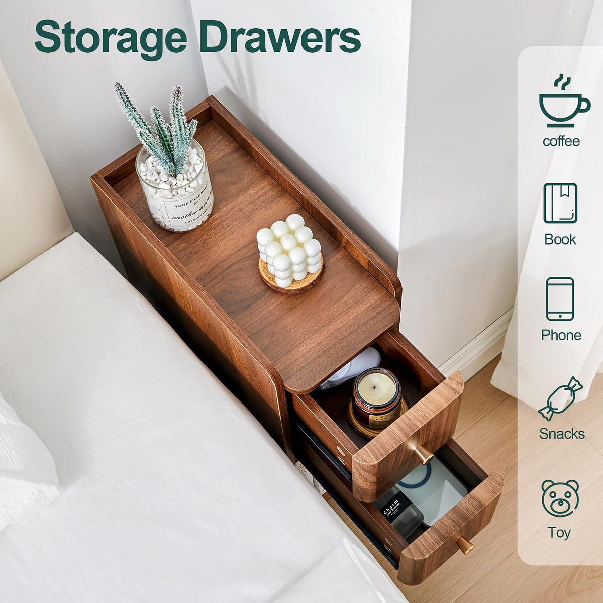 Narrow Nightstand Set of 2, Wooden Small 2 Drawer Nightstand, Slim Side End Table, Skinny Bedside Table, Mid Century Modern Night Stand with Drawers for Bedroom (Walnut-2 pcs)
