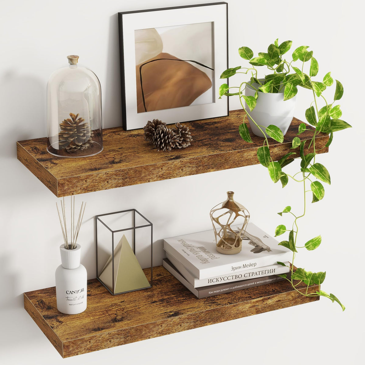 Fun Memories Floating Shelves - 2 Pack 12 Inch Rustic Wooden Wall Shelves - Extra Deeper & Thicker Wall Mounted Storage Shelf for Living Room, Kitchen, Farmhouse - 36" W x 12" D x 1.8" H - Brown