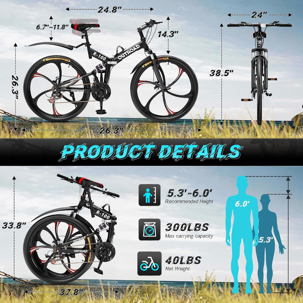 Betterland 26 Inch Adult Folding Mountain Bike, 21 Speeds Full Suspension Foldable Bikes, Dual Disc Brake, High Carbon Steel Frame Bicycle for Men Women