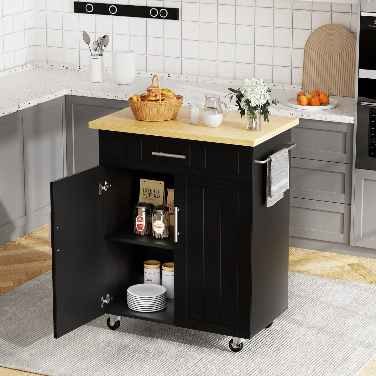 JY QAQA 26" Rolling Kitchen Island Cart on Wheels, Mobile Storage Cabinet with Adjustable Inner Shelves, Kitchen Prep Cart with Towel Rack & Lockable Casters for Small Apartment Kitchen, White