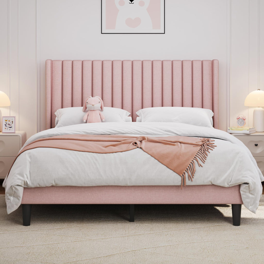 Yaheetech Queen Bed Frame with Headboard, Ivory Channel-Tufted Platform