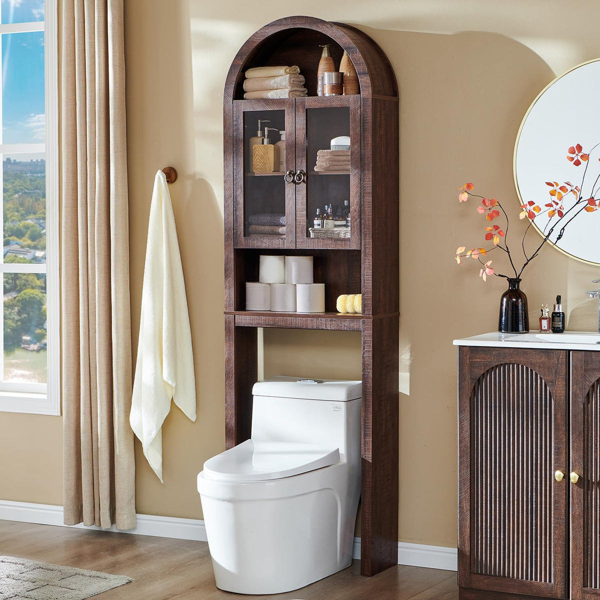 IFGET Arched Over The Toilet Storage Cabinet w/Acrylic Doors, Antique White