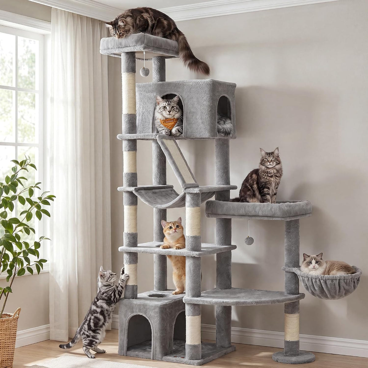 Feandrea Large Cat Tree, 74.1" Tall Sturdy Cat Tower for Indoor, Dove Gray